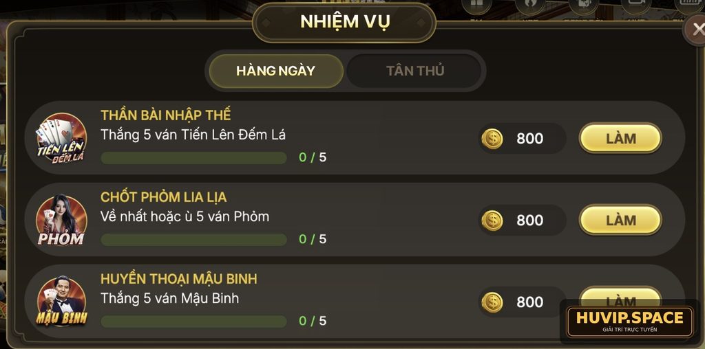 Danh sách nhiệm vụ hằng ngày Huvip kèm tiến độ và phần thưởng tương ứng