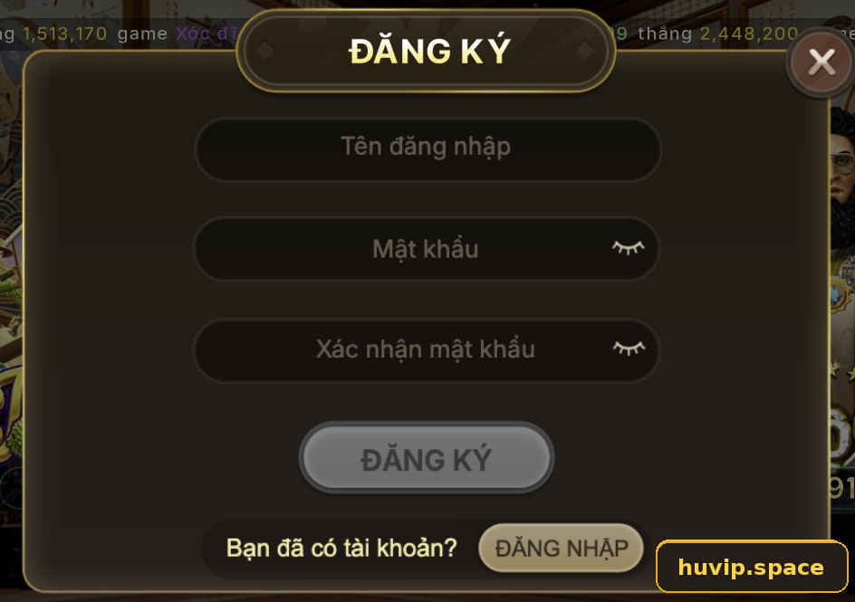 Giao diện đăng ký HUVIP với các trường tên đăng nhập, mật khẩu và xác nhận mật khẩu.