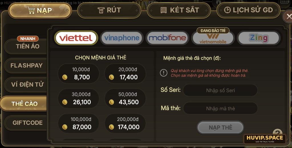 Giao diện nạp thẻ cào Huvip với lựa chọn nhà mạng và mệnh giá