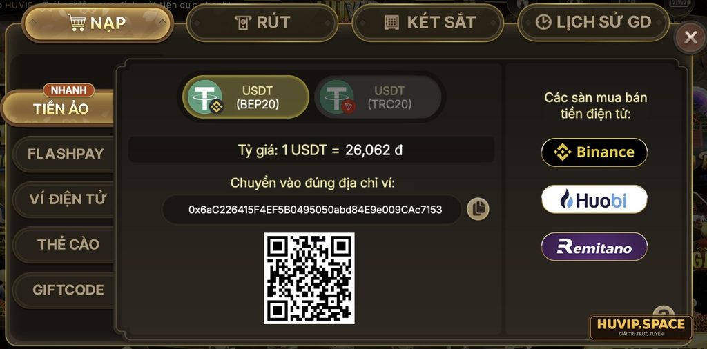 Giao diện nạp USDT tại Huvip với lựa chọn mạng BEP20 và TRC20Giao diện nạp USDT tại Huvip với lựa chọn mạng BEP20 và TRC20