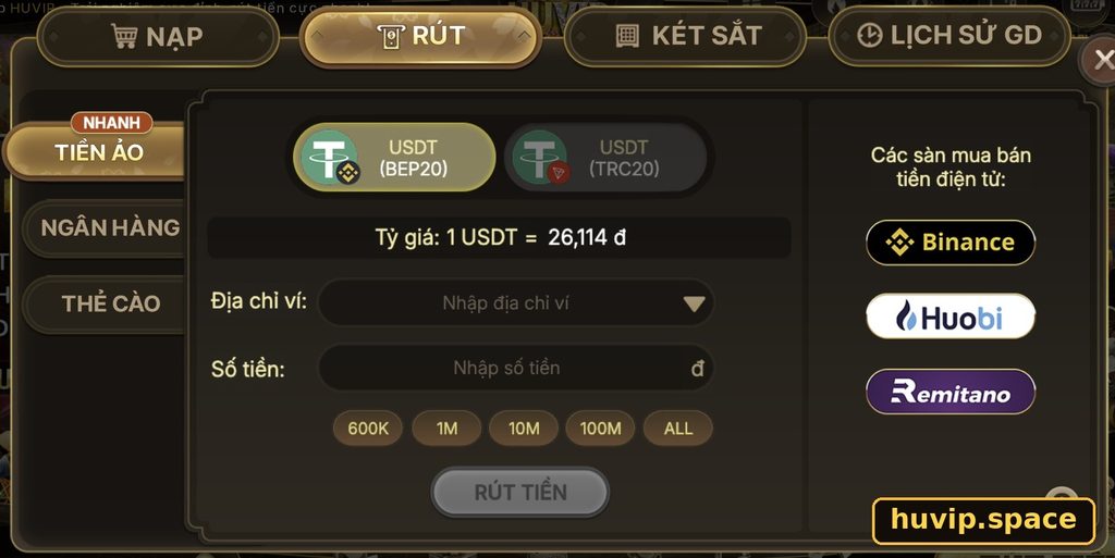 Giao diện rút tiền Huvip qua USDT với lựa chọn mạng và địa chỉ ví