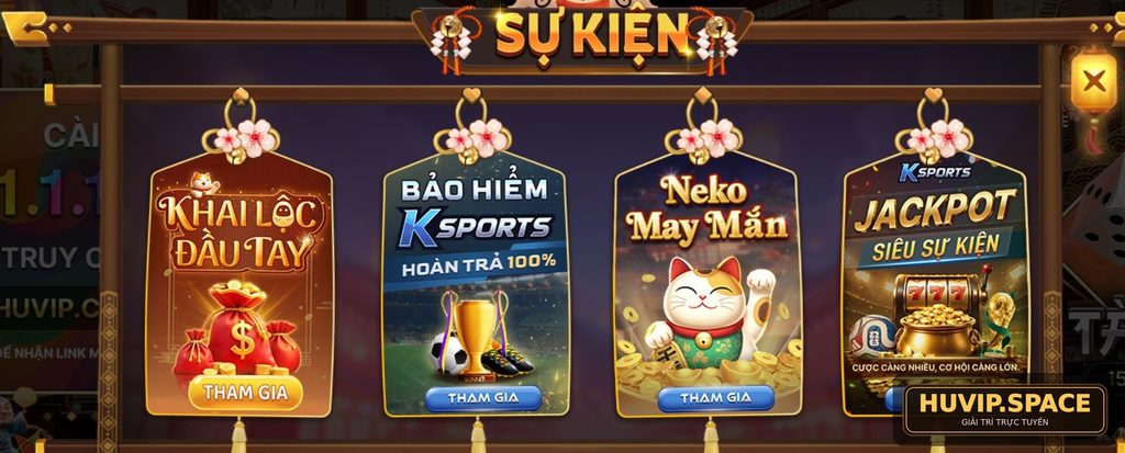 Khu vực sự kiện Huvip hiển thị nhiều chương trình khuyến mãi theo từng chủ đề