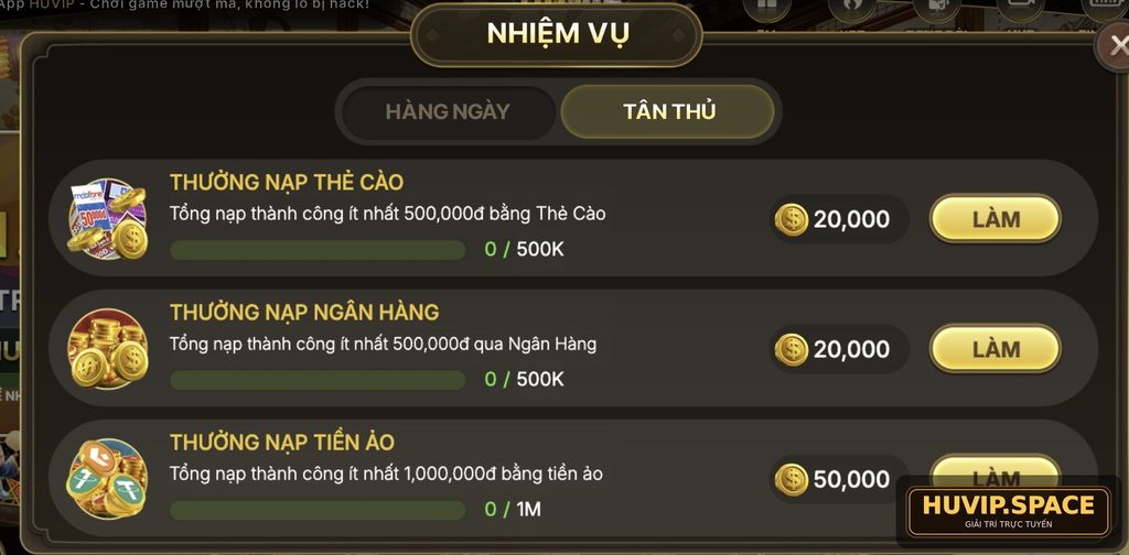 Nhiệm vụ tân thủ Huvip có các mốc thưởng tương ứng với từng phương thức nạp